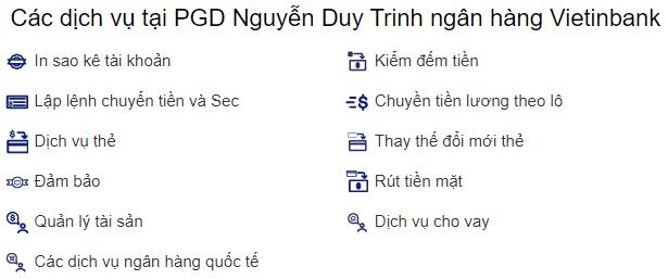 Các dịch vụ tại PGD Nguyễn Duy Trinh ngân hàng Vietinbank